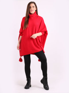 Plain Batwing Tessels Poncho Red