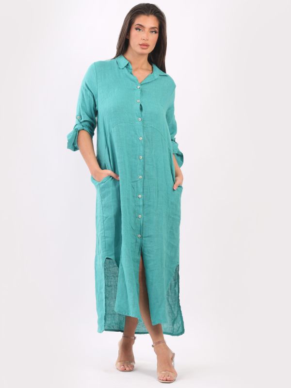Plain Linen Shirt Dress Aqua