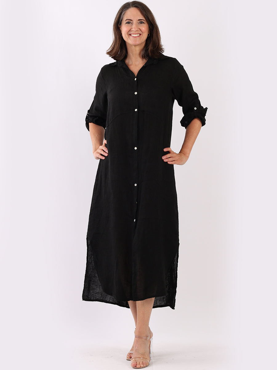 Plain Linen Shirt Dress Black