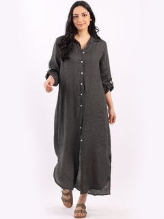 Plain Linen Shirt Dress Charcoal