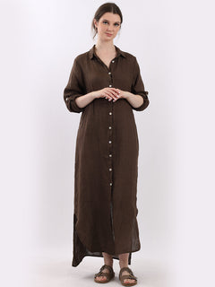 Plain Linen Shirt Dress Chocolate