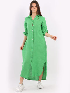 Plain Linen Shirt Dress Green