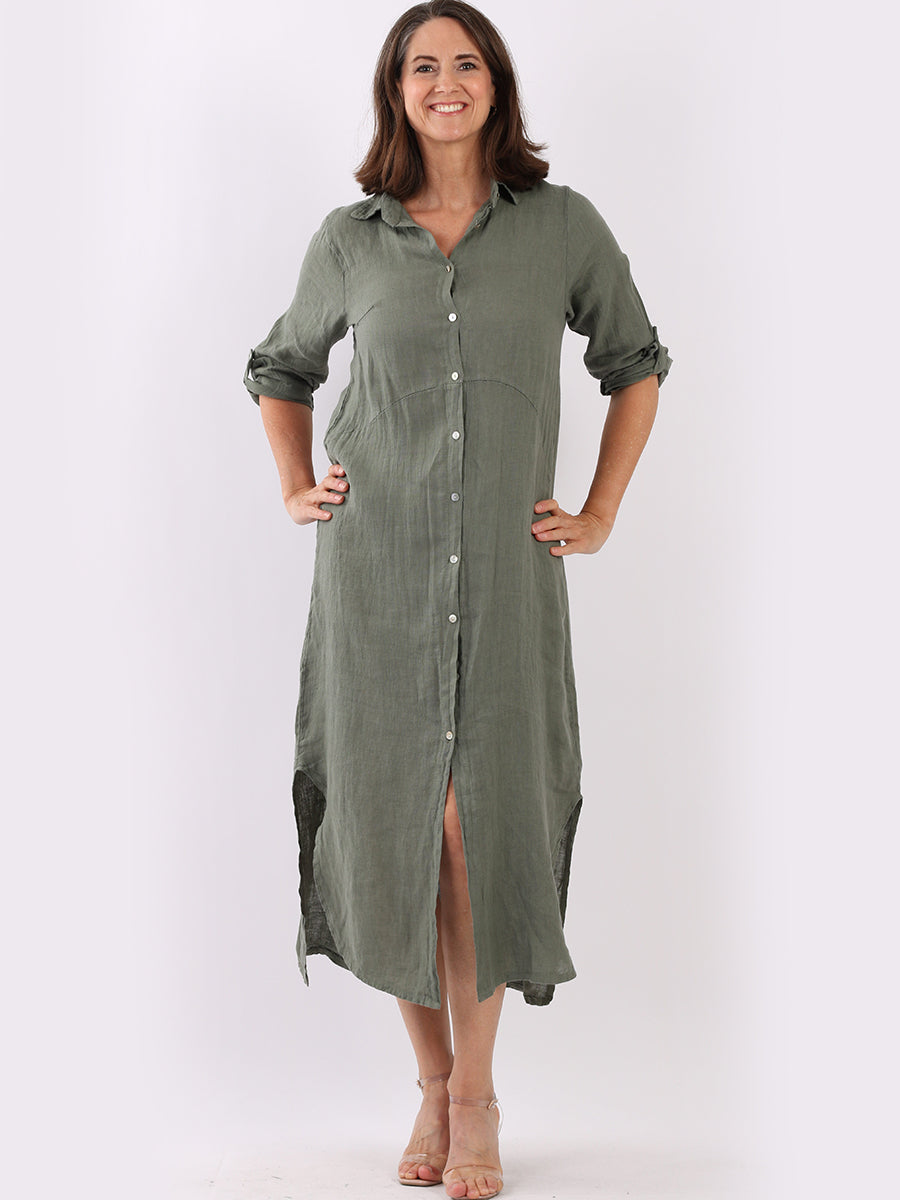Plain Linen Shirt Dress Khaki
