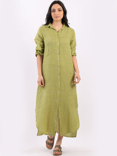 Plain Linen Shirt Dress Lime Green