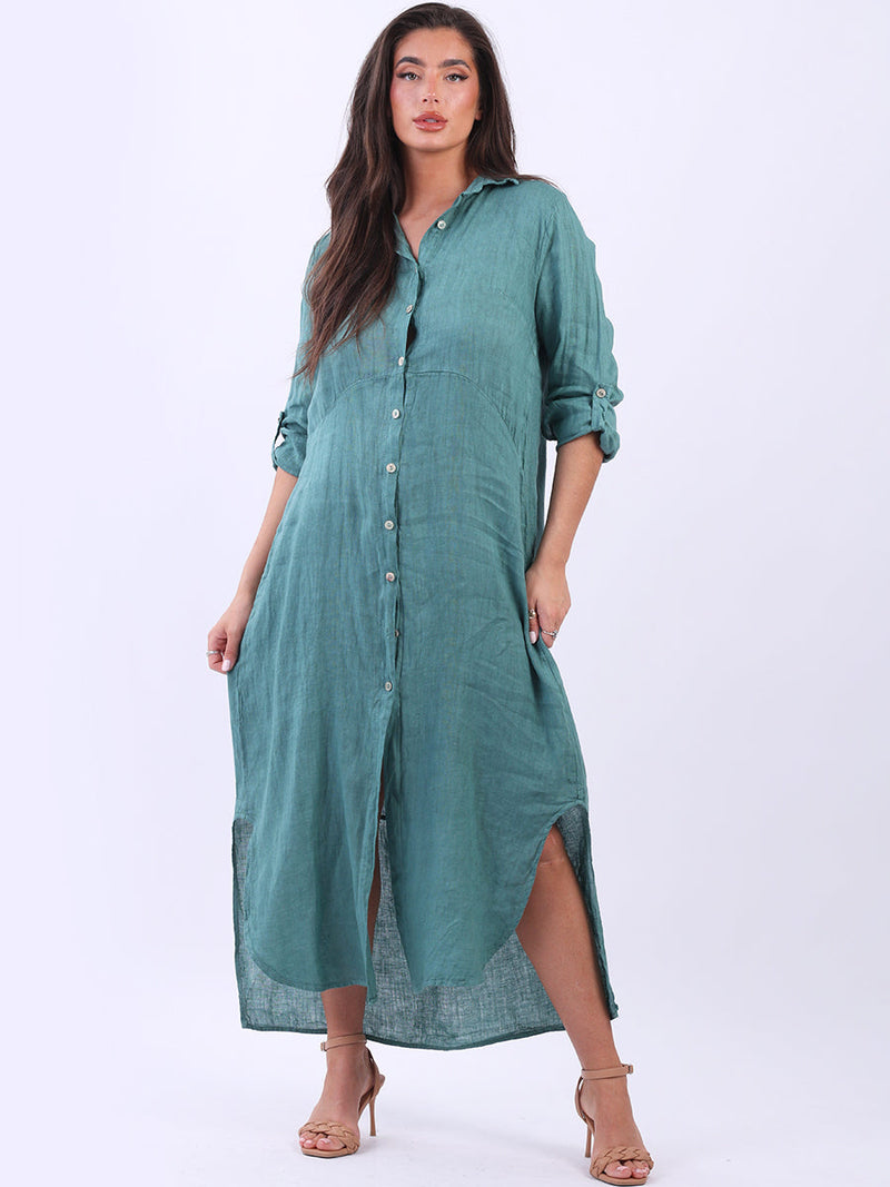 Plain Linen Shirt Dress Ocean Blue