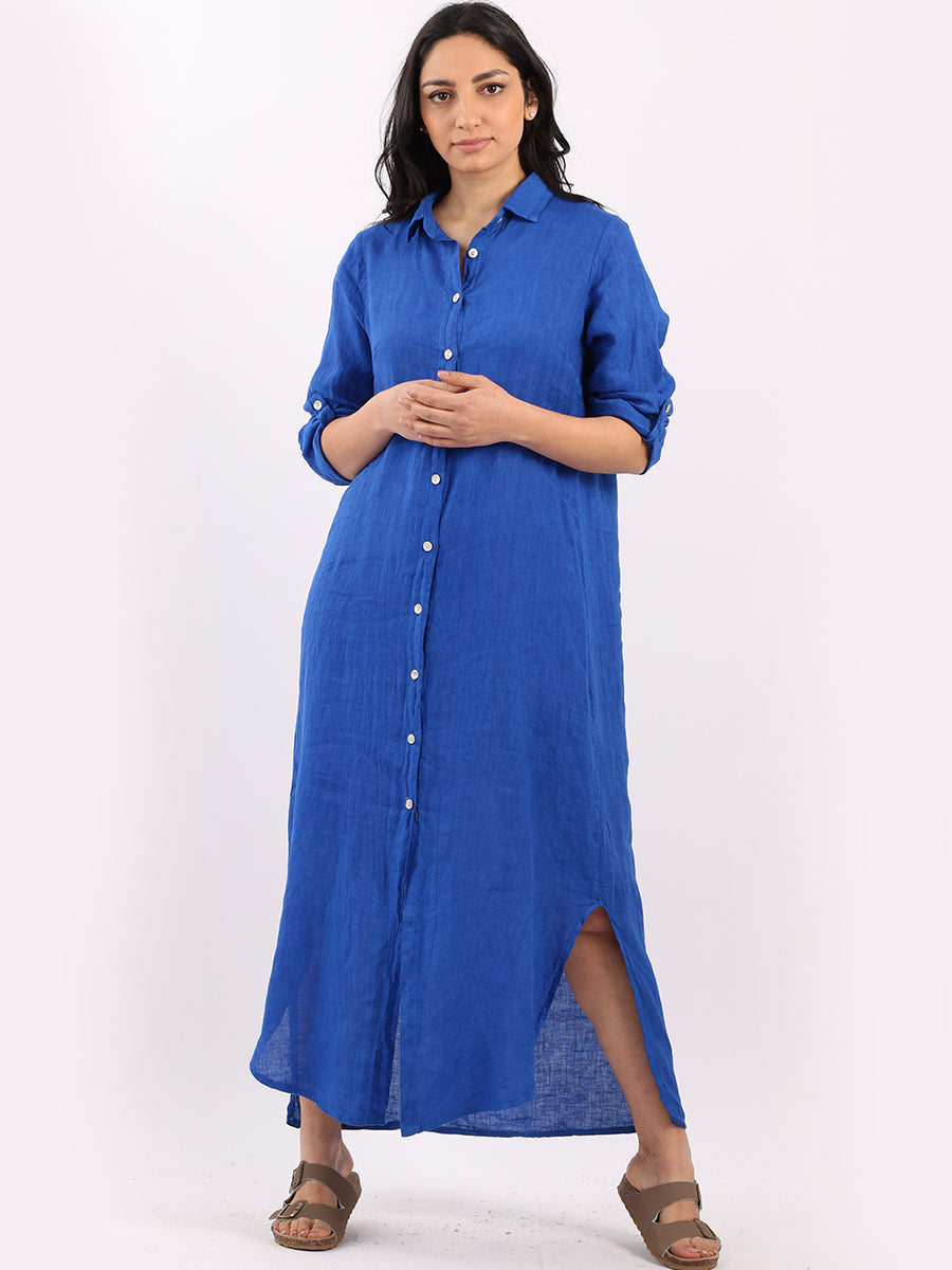 Plain Linen Shirt Dress Royal Blue