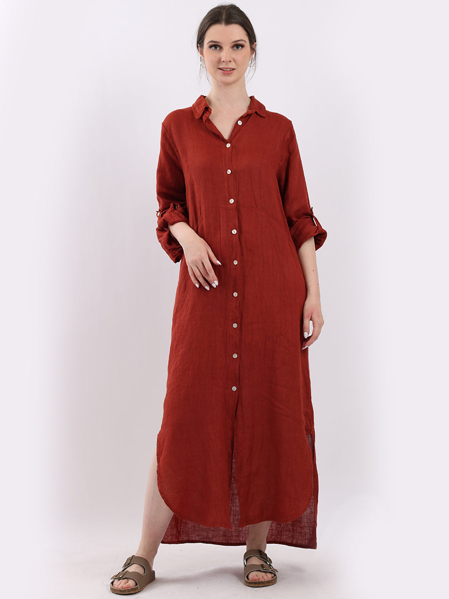 Plain Linen Shirt Dress Rust