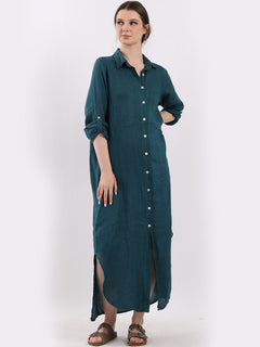 Plain Linen Shirt Dress Teal