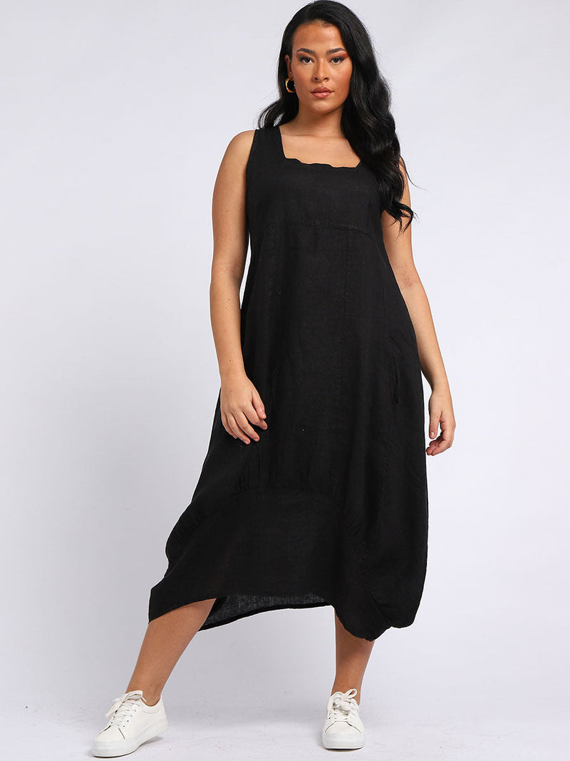 Plain Linen Tank Dress Black