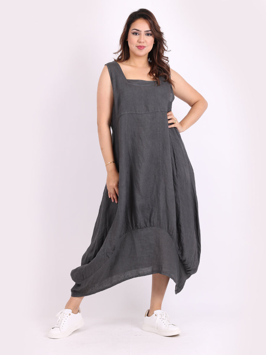 Plain Linen Tank Dress Charcoal