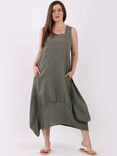 Plain Linen Tank Dress Khaki