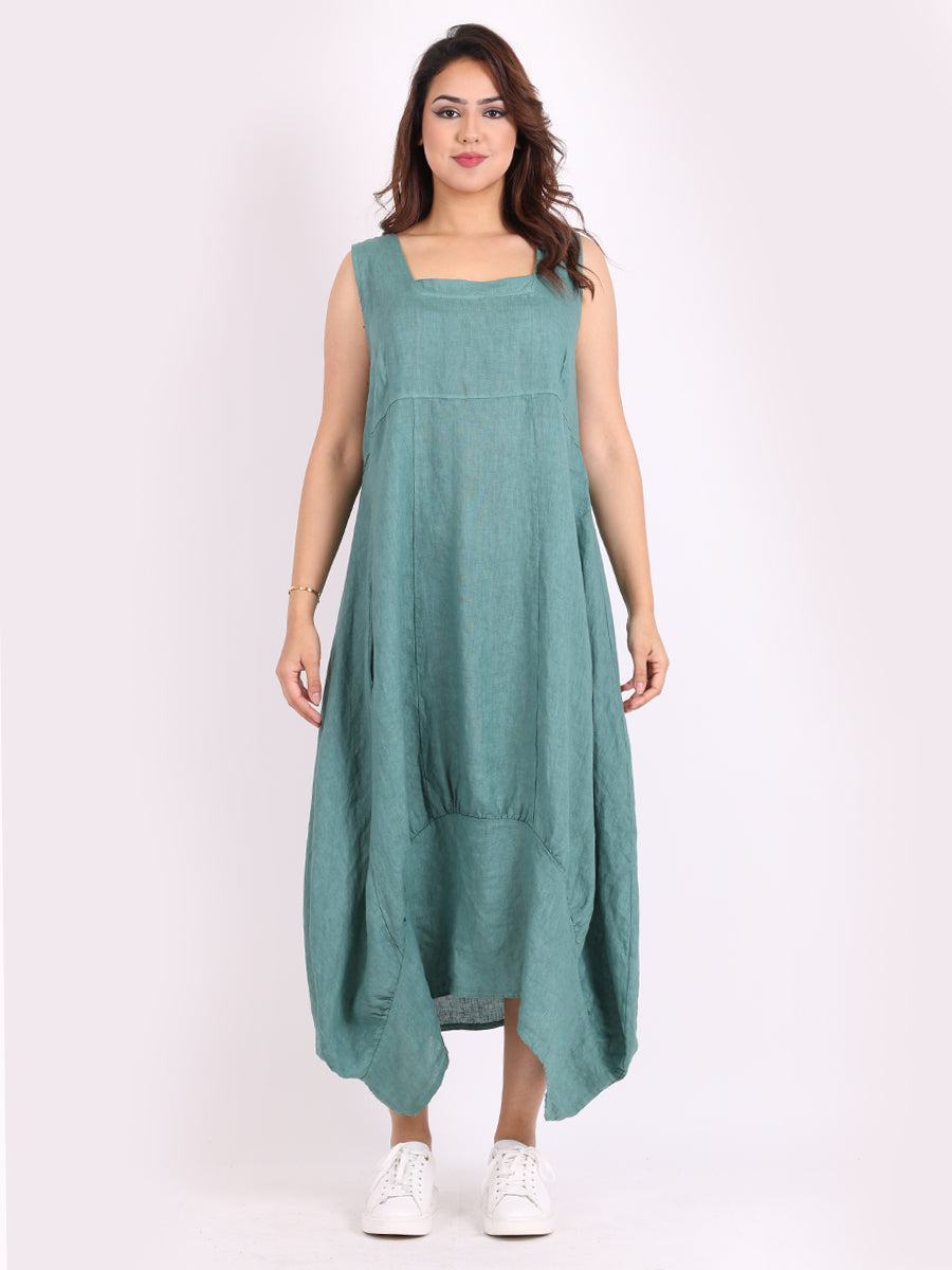 Plain Linen Tank Dress Ocean Blue