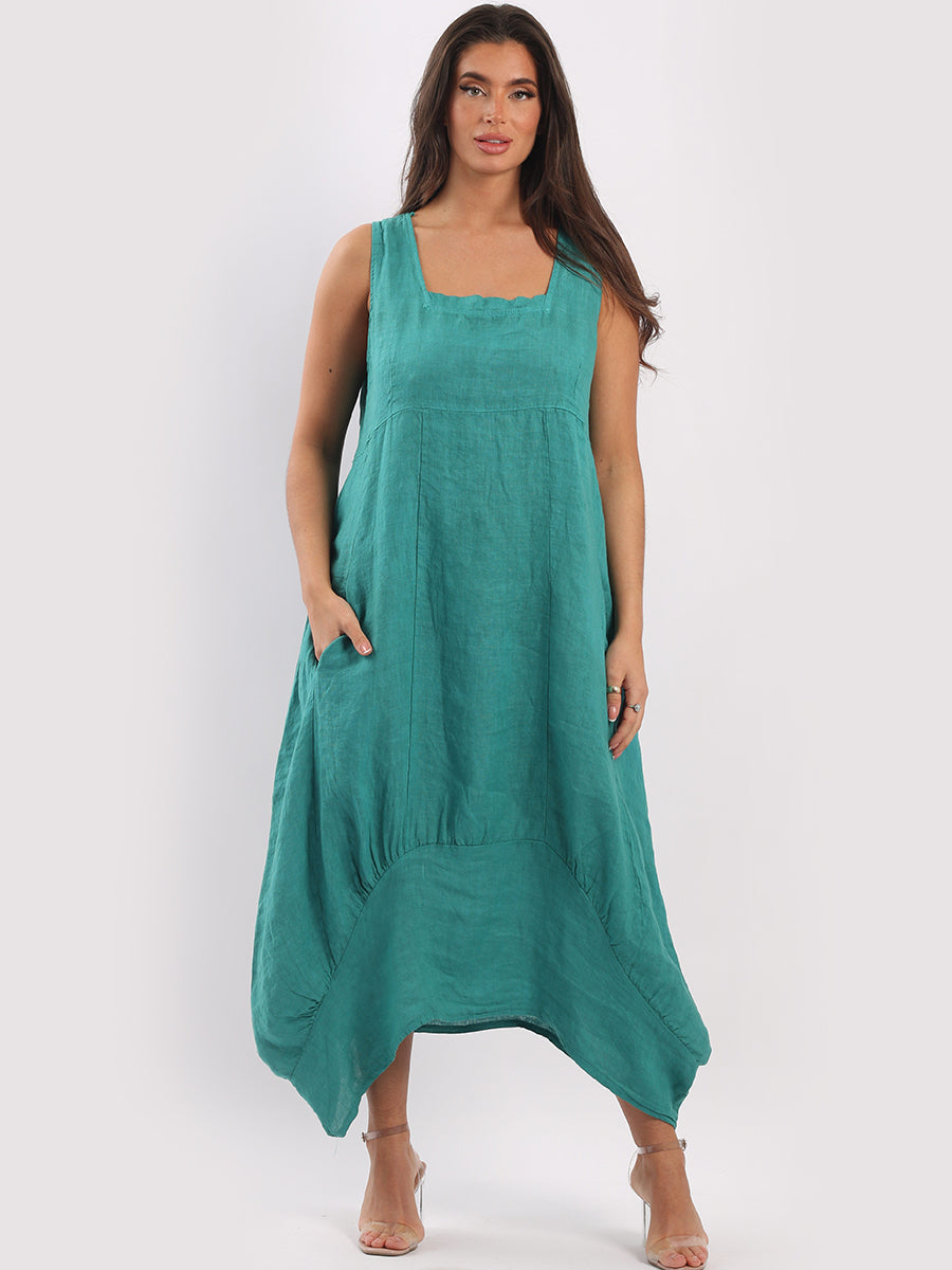 Plain Linen Tank Dress Teal