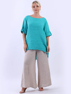Plain Linen High Low Top Aqua