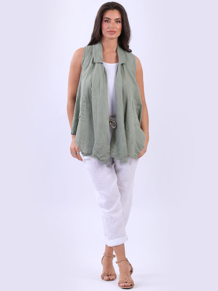 Linen Sleeveless Jacket Khaki