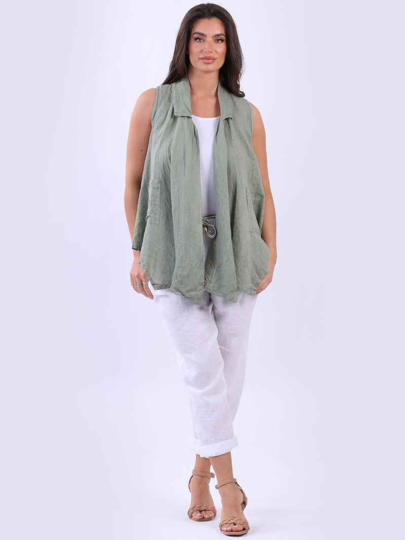 Linen Sleeveless Jacket Khaki