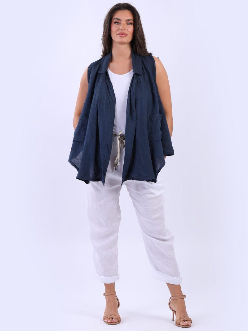 Linen Sleeveless Jacket Navy