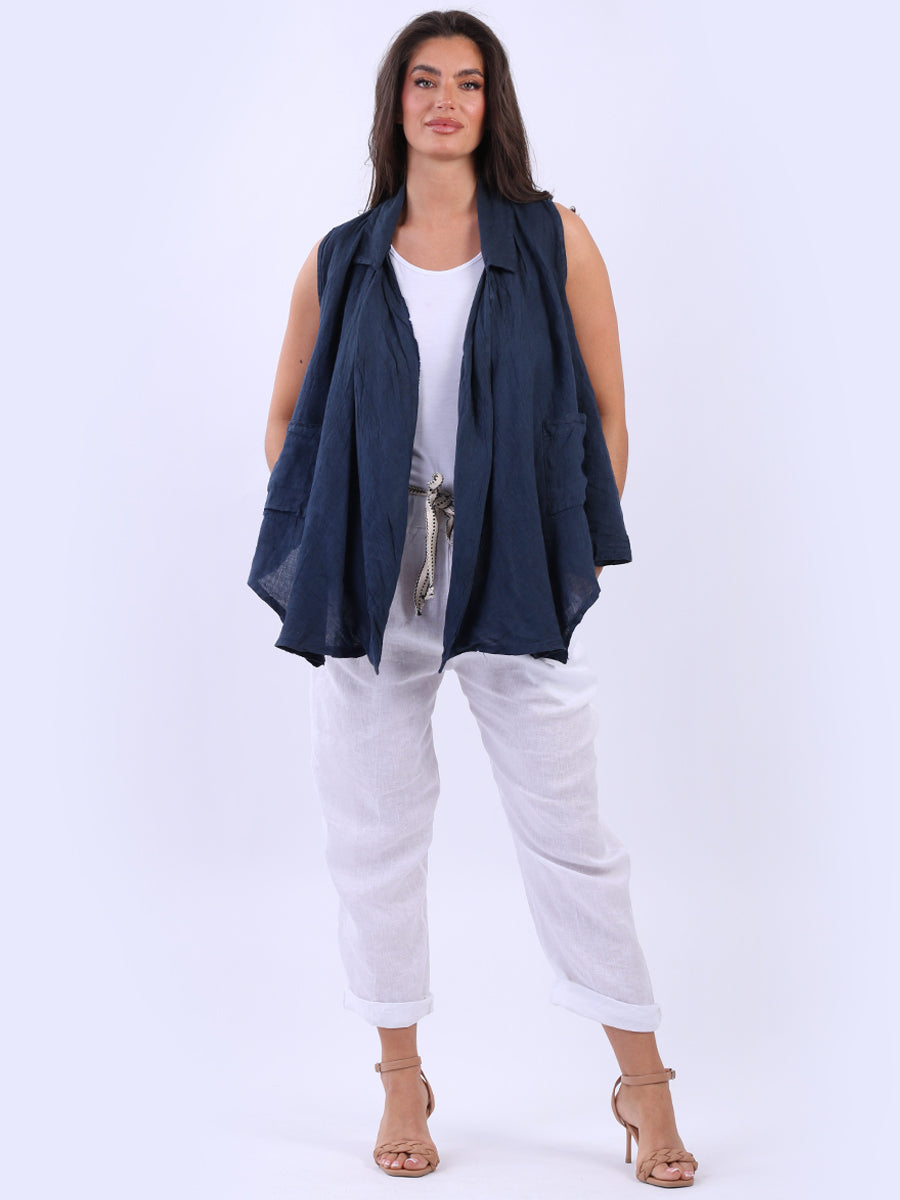 Linen Sleeveless Jacket Navy