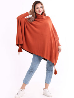 Plain Batwing Tessels Poncho Rust