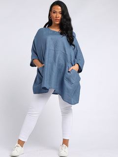 Oversized Linen Batwing Top Denim