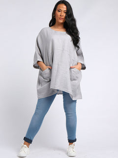 Oversized Linen Batwing Top Grey