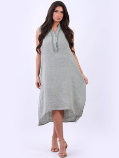 Sleeveless Linen Shirt Dress Khaki