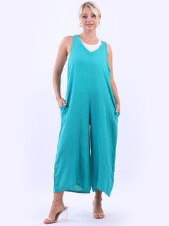 Sleeveless Linen Wide Leg Dungaree Aqua
