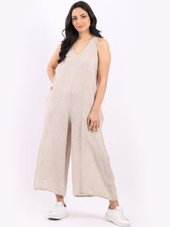 Sleeveless Linen Wide Leg Dungaree Beige
