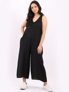 Sleeveless Linen Wide Leg Dungaree Black
