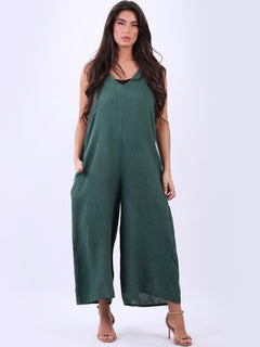 Sleeveless Linen Wide Leg Dungaree Bottle Green