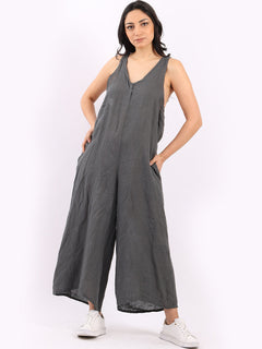 Sleeveless Linen Wide Leg Dungaree Charcoal