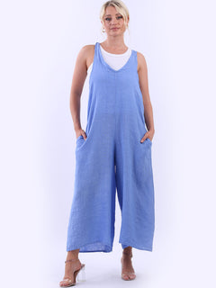 Sleeveless Linen Wide Leg Dungaree Denim