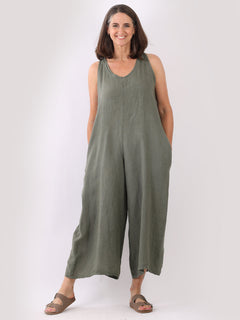 Sleeveless Linen Wide Leg Dungaree Khaki