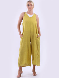 Sleeveless Linen Wide Leg Dungaree Lime Green