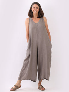 Sleeveless Linen Wide Leg Dungaree Mocha