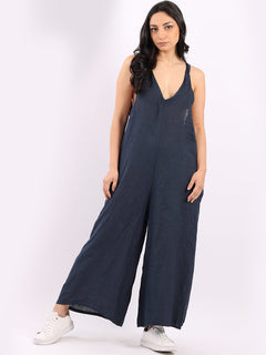 Sleeveless Linen Wide Leg Dungaree Navy