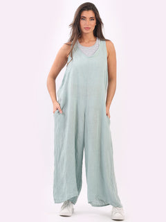 Sleeveless Linen Wide Leg Dungaree Ocean Blue