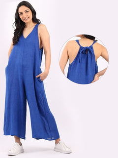 Sleeveless Linen Wide Leg Dungaree Royal Blue
