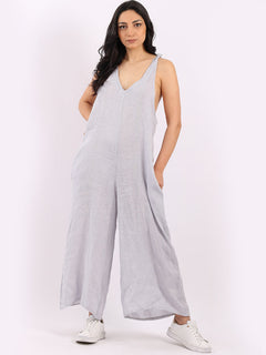 Sleeveless Linen Wide Leg Dungaree Silver