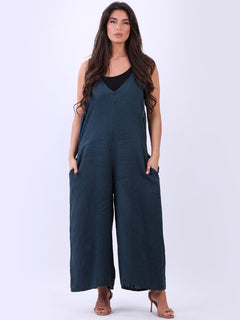 Sleeveless Linen Wide Leg Dungaree Teal