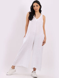 Sleeveless Linen Wide Leg Dungaree White
