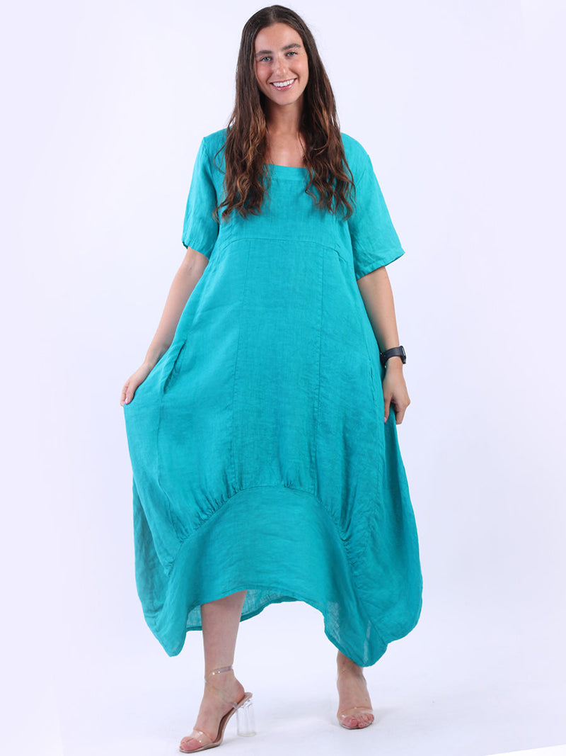Square Neck Linen Dress Aqua