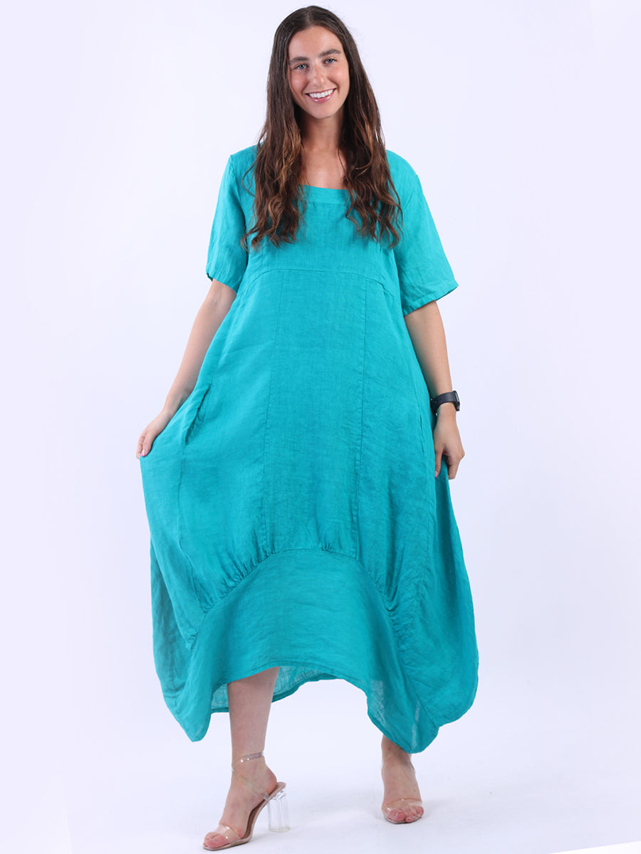 Square Neck Linen Dress Aqua