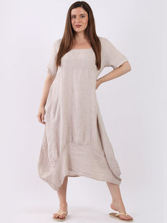 Square Neck Linen Dress Beige