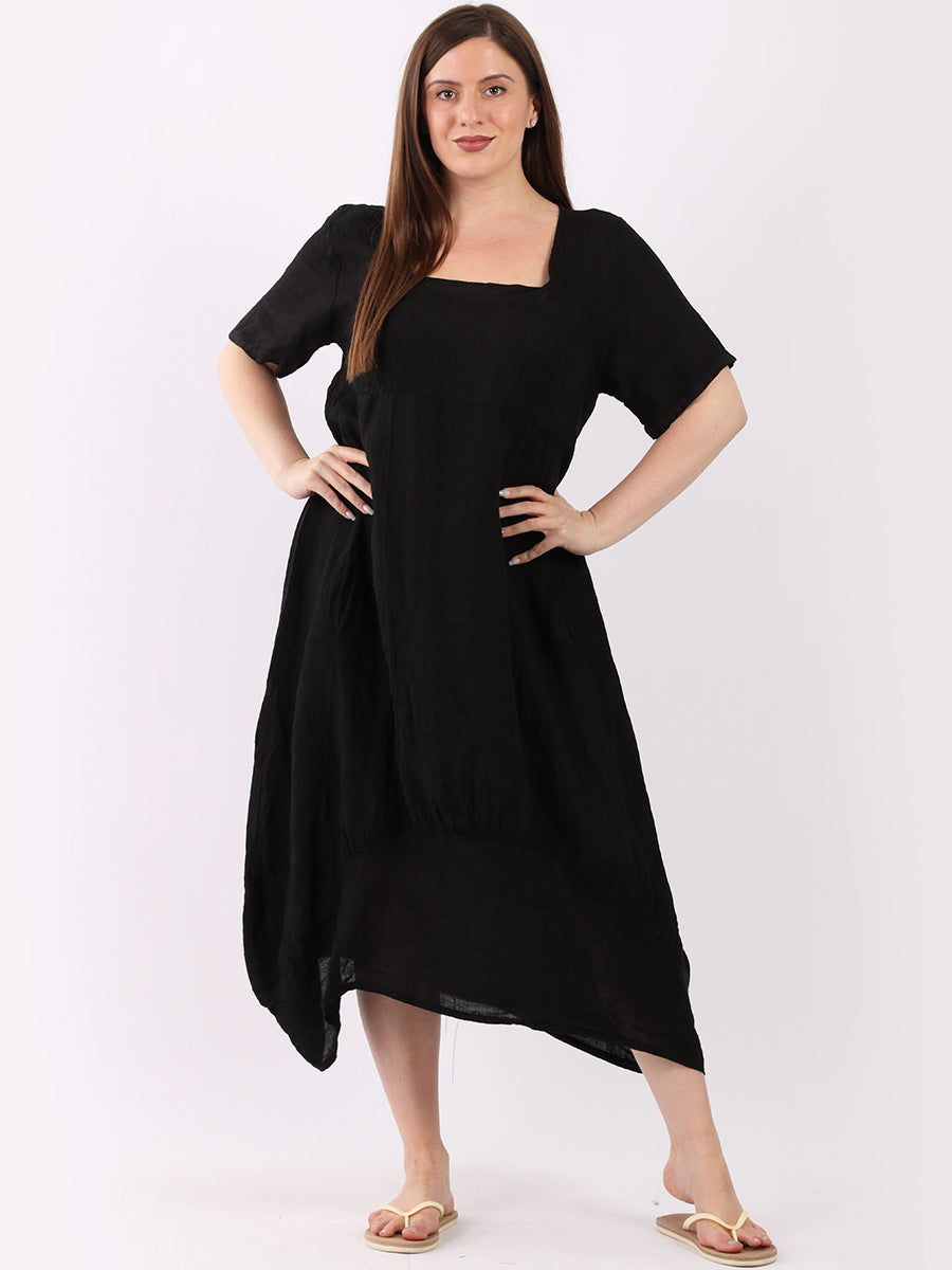 Square Neck Linen Dress Black
