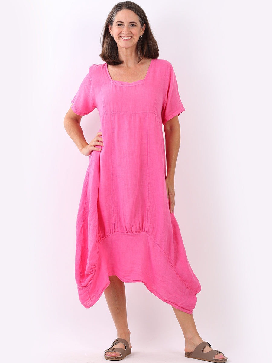 Square Neck Linen Dress Fuchsia