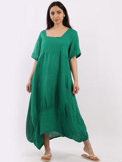 Square Neck Linen Dress Green
