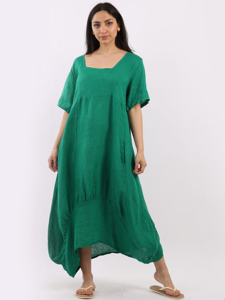 Square Neck Linen Dress Green
