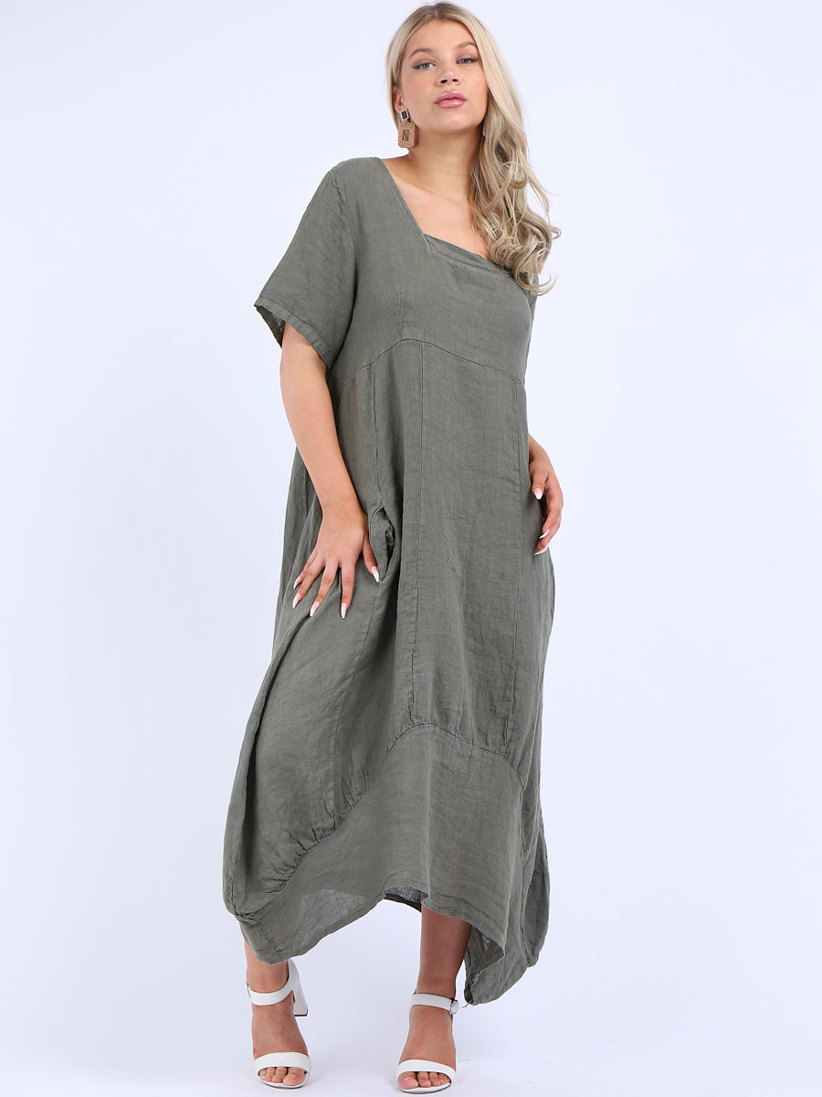 Square Neck Linen Dress Khaki
