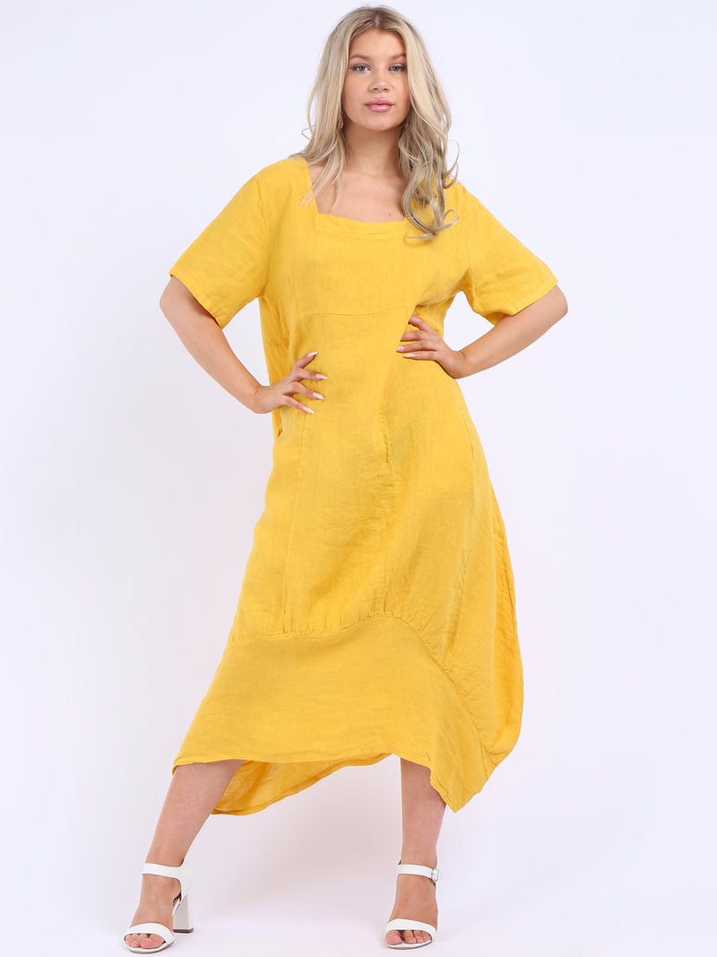 Square Neck Linen Dress Mustard